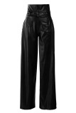 Pantalones sólidos de cuero de imitación para adultos casuales de moda negra con parte inferior recta de cinturón
