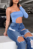 Blue Sexy Street Solid Ripped Make Old Patchwork High Waist Regular Denim Jeans