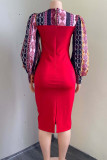 Robes jupe crayon à col rond en patchwork imprimé élégant rouge à la mode