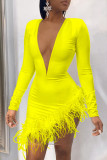 Yellow Sexy Solid Patchwork Feathers Mesh O Neck One Step Skirt Dresses