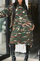 Vert Fashion Casual Camouflage Print évidé O Neck robes à manches longues