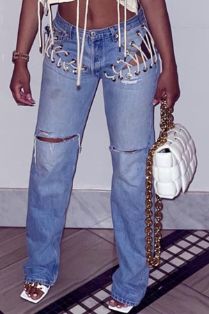 Baby Blue Fashion Casual Solid Bandage Mid Waist Regular Distressed Ripped Denim Jeans