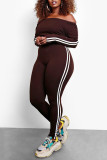 Coffee Casual Sportswear Solid Patchwork Off the Shoulder Regular Jumpsuits