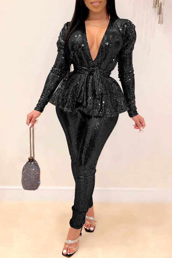 Black Fashion Slim Long-Sleeve V-Neck Two-Piece Set