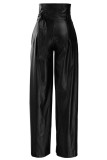Pantalones sólidos de cuero de imitación para adultos casuales de moda marrón con parte inferior recta de cinturón