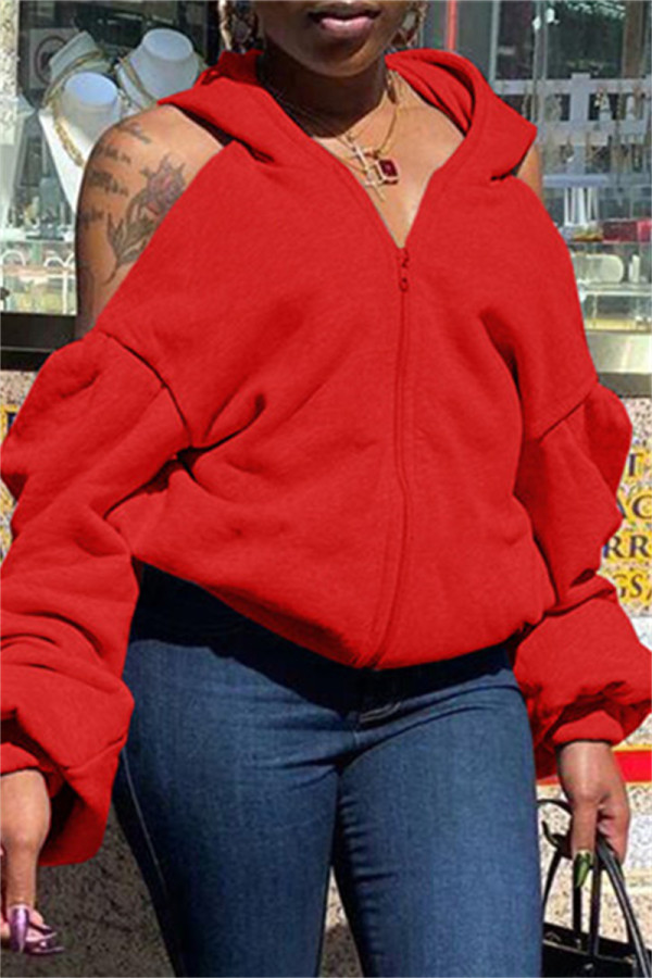 Abrigo de talla grande con cuello encapuchado sin espalda vendaje sólido casual rojo sexy