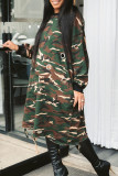 Vert Fashion Casual Camouflage Print évidé O Neck robes à manches longues