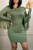グリーン ファッション カジュアル タッセル パッチワーク O ネック長袖ドレス