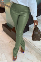 Зеленые модные повседневные однотонные брюки-карандаш с высокой талией и разрезом