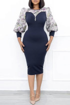 ディープブルーファッションカジュアルパッチワークジッパーOネック長袖プラスサイズのドレス