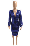 Blue Fashion Sexy Solid Fold V Neck Long Sleeve Dresses