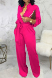 Black Casual Solid Bandage Patchwork Buckle Turndown Collar Straight Jumpsuits
