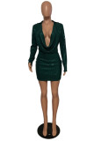 Green Fashion Sexy Solid Sequins V Neck Long Sleeve Dresses
