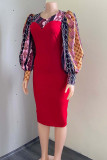 Red Fashion Elegant Print Patchwork O Neck Pencil Skirt Dresses