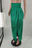 Зеленые модные повседневные однотонные однотонные брюки с высокой талией и разрезом