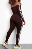 Coffee Casual Sportswear Solid Patchwork Off the Shoulder Regular Jumpsuits