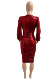 Red Fashion Sexy Solid Fold V-Ausschnitt Langarm-Kleider