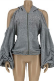 Grey Sexy Casual Solid Bandage Backless Hooded Collar Plus Size Overcoat