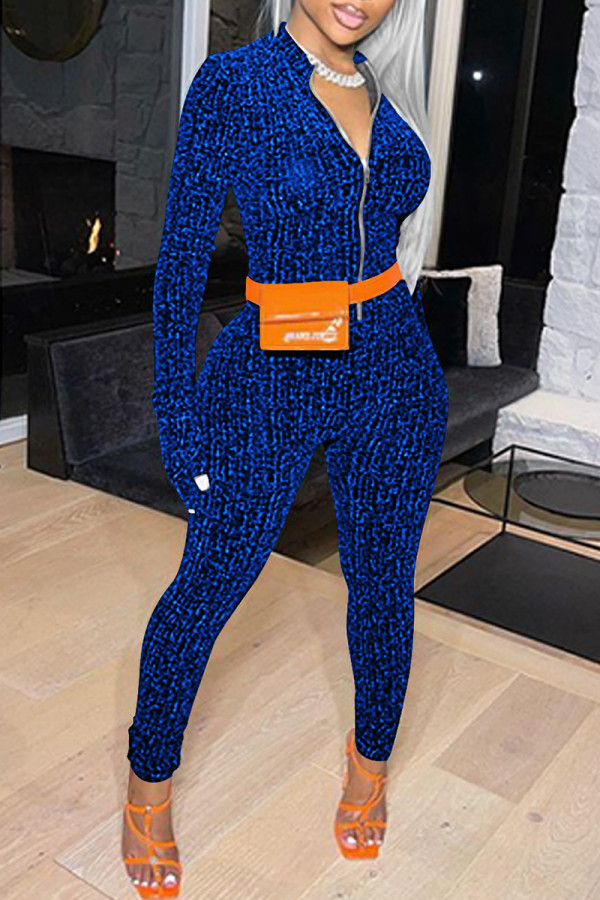 ブルー ファッション カジュアル パッチワーク ベーシック ジッパー カラー レギュラー ジャンプスーツ