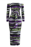 Green Sexy Casual Striped Print Bandage Backless Off the Shoulder Long Sleeve Dresses