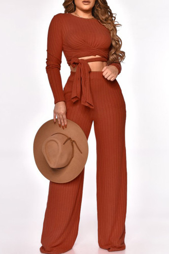Orange Fashion Casual Solid Bandage O Neck Long Sleeve Two Pieces