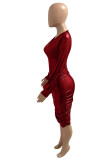 Red Fashion Sexy Solid Fold V Neck Long Sleeve Dresses