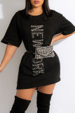 ブラックカジュアルソリッドパッチワークホットドリルOネックTシャツドレスドレス