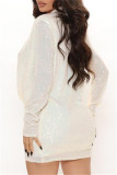 ホワイト ファッション セクシー ソリッド スパンコール V ネック ロング スリーブ ドレス