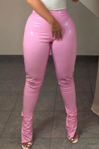 Pantalones de lápiz de cintura alta regulares con abertura sólida casuales de moda rosa