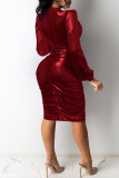 Rode mode sexy effen vouw V-hals jurken met lange mouwen