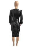 Schwarze Mode Sexy Solid Fold V-Ausschnitt Langarm-Kleider