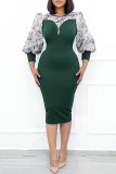 Vestidos verdes moda casual patchwork com zíper O pescoço manga longa plus size