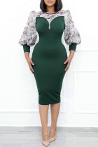 グリーンファッションカジュアルパッチワークジッパーOネック長袖プラスサイズのドレス