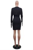 Black Fashion Casual Tassel Patchwork O Neck Long Sleeve Dresses