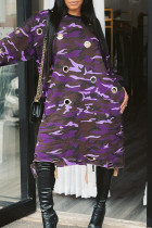 パープルファッションカジュアルカモフラージュプリントくり抜かれたOネック長袖ドレス