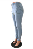 Baby Blue Fashion Casual Solid Patchwork High Waist Regular Skinny Denim Jeans