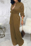 Black Casual Solid Bandage Patchwork Buckle Turndown Collar Straight Jumpsuits