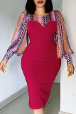 Robes jupe crayon à col rond en patchwork imprimé élégant rouge à la mode