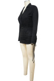 Black Fashion Casual Solid Draw String Turndown Collar Long Sleeve Two Pieces