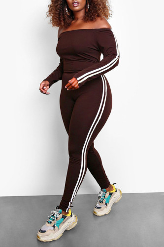 Coffee Casual Sportswear Solid Split Joint Off the Shoulder Regular Jumpsuits