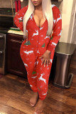 Deep Red Fashion Living Print Patchwork Zipper Hooded Collar Plus Size Jumpsuits
