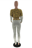 Gray White Fashion Casual Print Leopard Patchwork Fold V Neck Long Sleeve Two Pieces