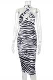 Stripe Fashion Sexy Print Hollowed Out Backless Halter Sleeveless Dress Dresses