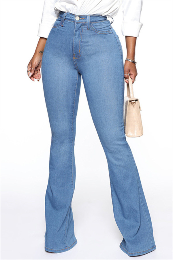 Baby Blue Fashion Casual Solid Basic High Waist Regular Flare Leg Denim Jeans