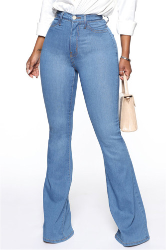 Baby Blue Fashion Casual Solide Basic High Waist Regular Denim Jeans
