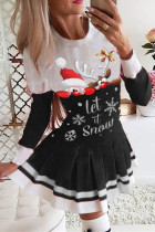 Schwarze, modische, lässige Weihnachtsmann-Patchwork-Kleider mit O-Ausschnitt und langen Ärmeln