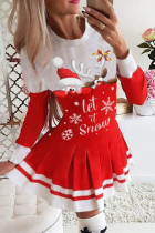 Vermelho Moda Casual Estampa Papai Noel Patchwork O Pescoço Vestidos de Manga Longa