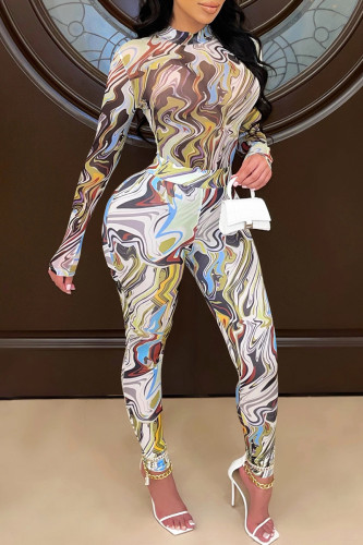 Yellow Fashion Sexy Print Basic Turtleneck Long Sleeve Two Pieces