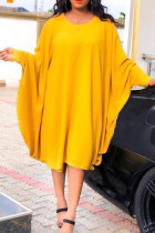 Amarillo Moda Casual Sólido Básico O Cuello Vestidos De Manga Larga