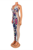 Blauwe mode sexy patchwork print backless halter skinny jumpsuits